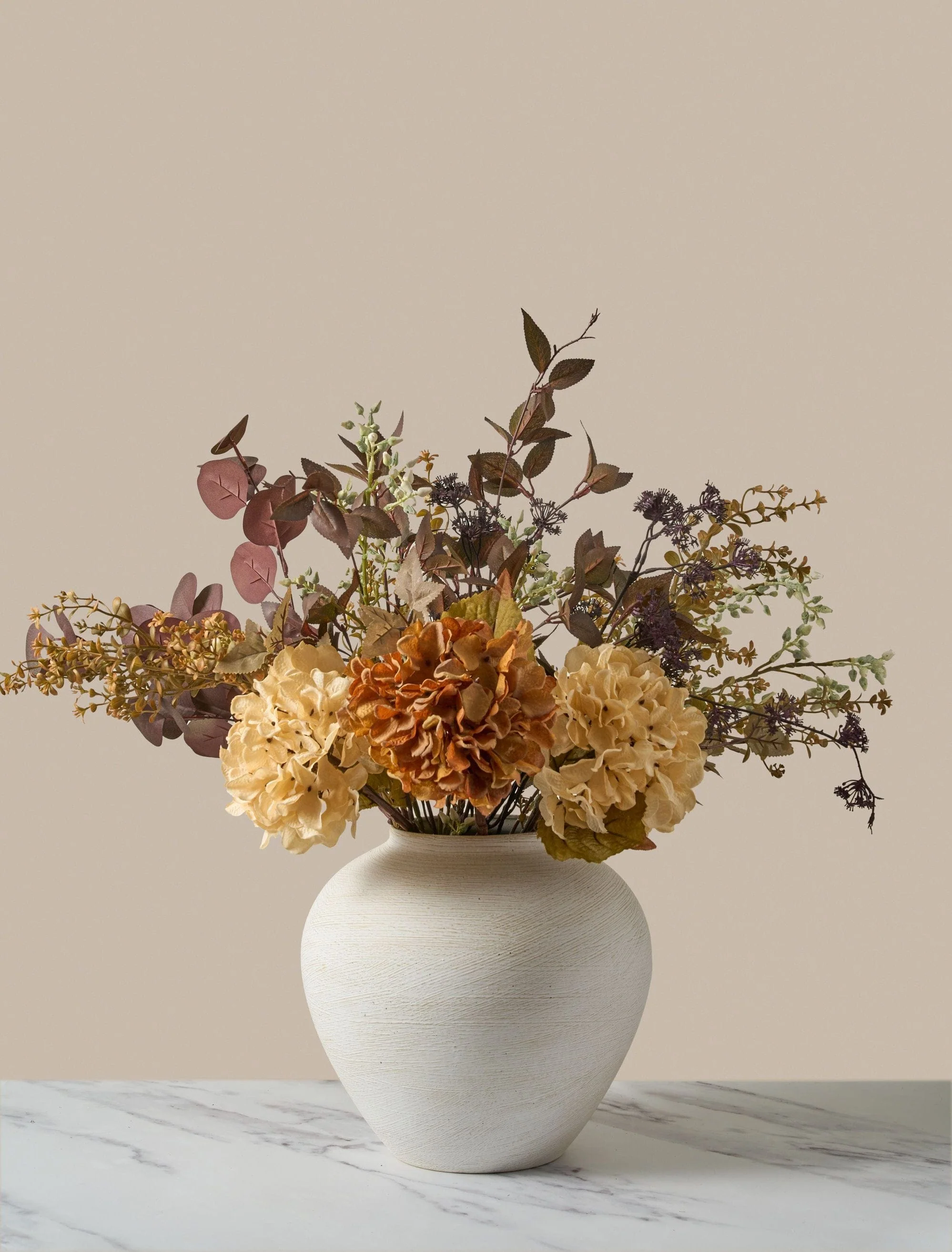 Faux Arrangement - Orange Hydrangea & Eucalyptus
